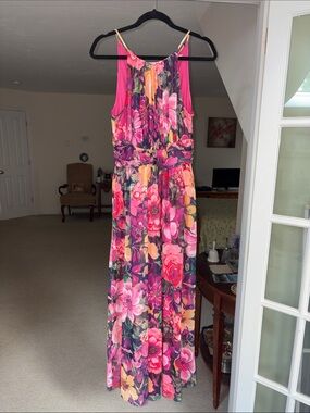 London Times Pink Floral Maxi Dress with Multicolor Blooms